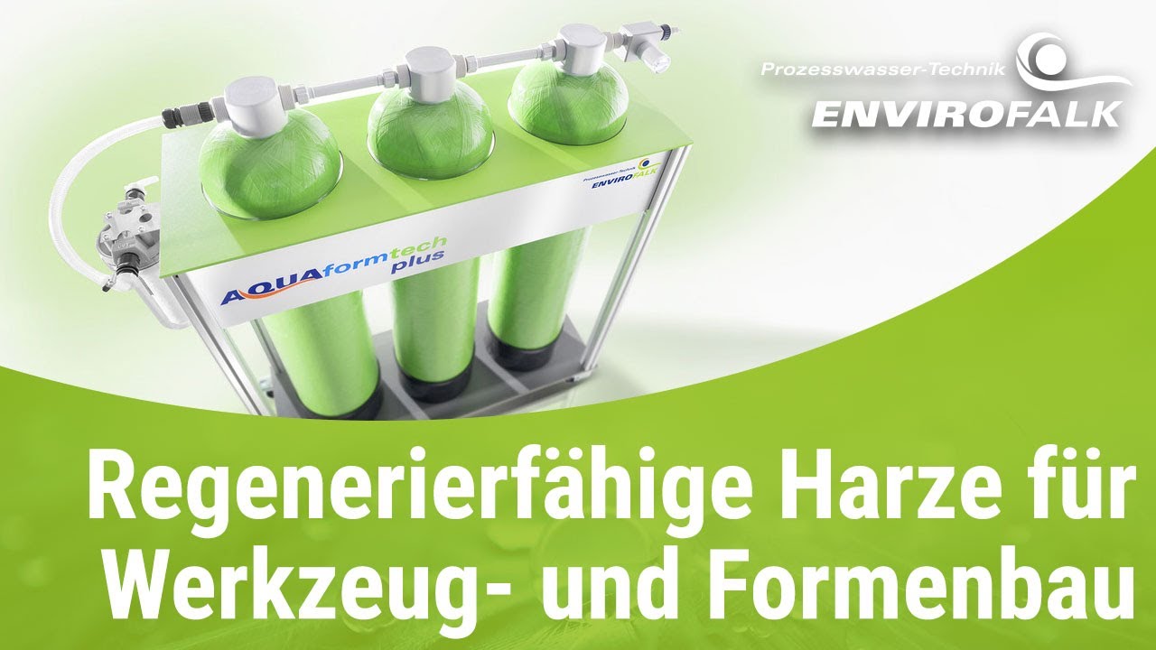 drei Ionenaustauscher in einer Halterung mit der Überschrift "Regenerierfähige Harze für Werkzeug- und Formenbau"